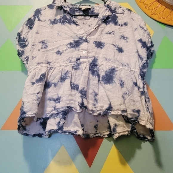 Rachel Zoe Women's Linen Blouse White And Blue Tie Dye Ruffle Hem  Size Medium - Picture 3 of 7